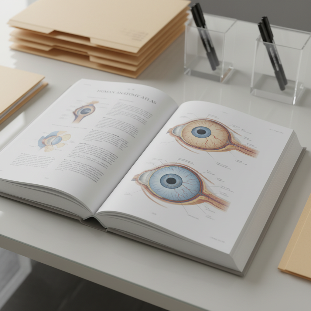 A close-up view of a matte-finish, light gray hardcover book open to an intricate visual diagram of the human eye, with the illustration rendered in refined, neutral blue and beige tones. The book is positioned on a clean, glass-topped table in a well-organized workspace with neat file folders and a minimalistic acrylic pen holder visible at the edges. Soft overhead studio lighting casts even, shadowless illumination, enhancing legibility and detail in the diagram. The mood is quiet, studious, and precise, supporting a sense of focused learning. Photographically, the image is composed with an eye-level perspective and centered framing, maintaining sharp detail throughout for a highly readable and, informational look consistent with modern, reputable news sites.