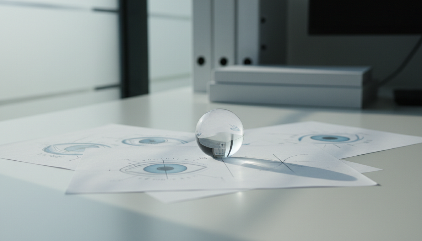 A pristine, crystal-clear glass lens sits perfectly centered atop a smooth, matte white desk, surrounded by neatly arranged, modern paper documents featuring subtle diagrams of the human eye. Soft, diffused daylight streams from a nearby frosted window, illuminating the lens and creating crisp, elegant shadows across the desk. The mood is calm, analytical, and highly professional, reinforced by the minimalist newsroom environment. The photographic composition utilizes a shallow depth of field, focusing sharply on the curvature and reflections of the lens while allowing the background materials to gently blur. The overall aesthetic is clean, corporate, and perfectly structured to evoke a sense of reliability and authority, reflecting the site’s focus on clear, evidence-based eye health education.